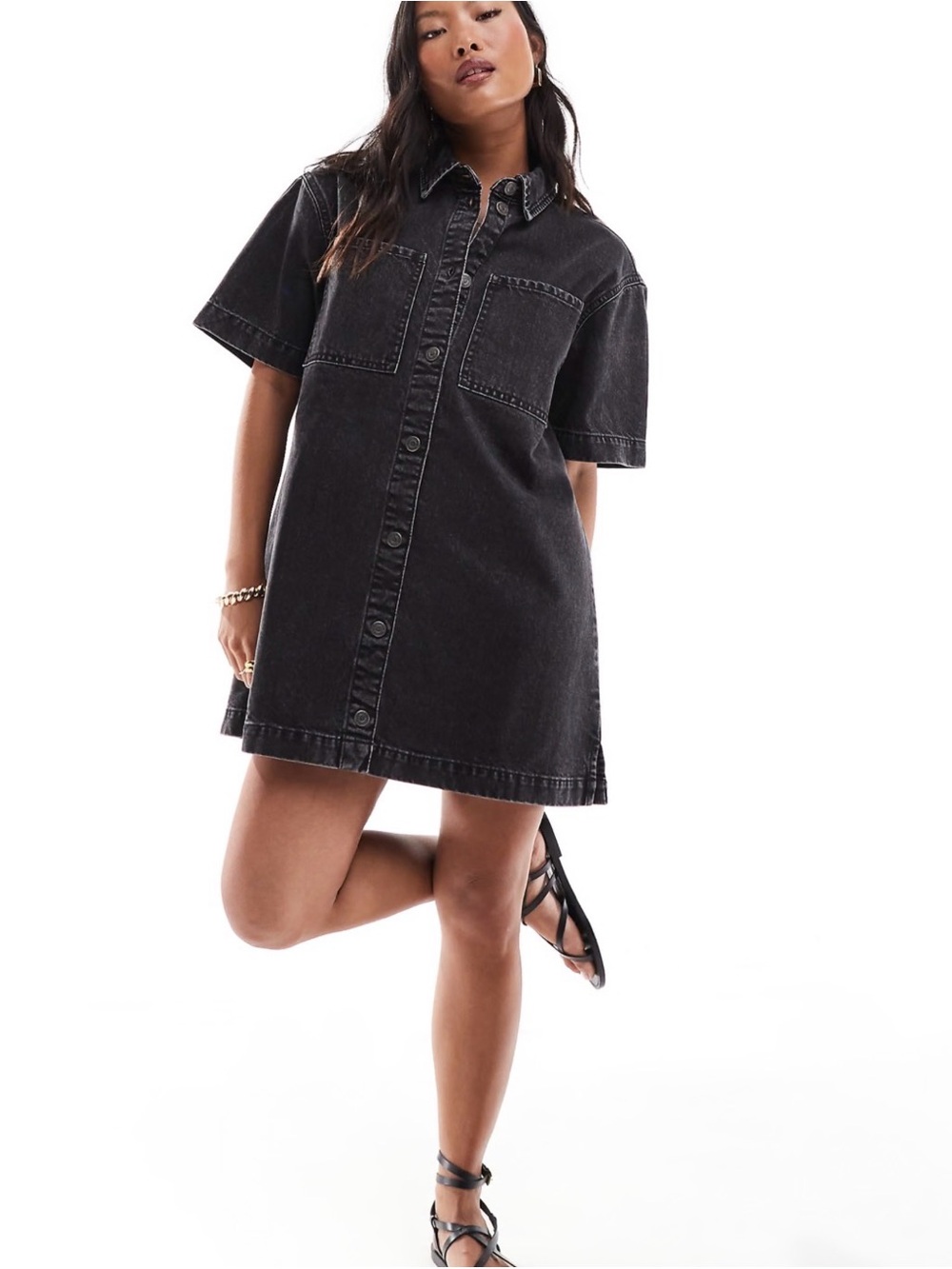 ASOS Black Short-Sleeve Denim Shirt Dress